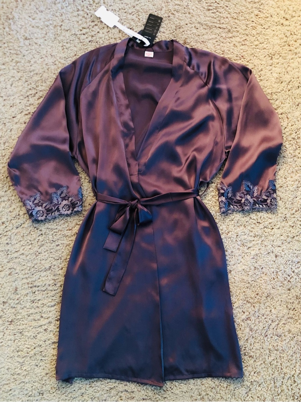 SILKSILKY NWT 100% Mulberry Silk Lace Trim Kimono Wrap Robe Purple Gray XXL Lux